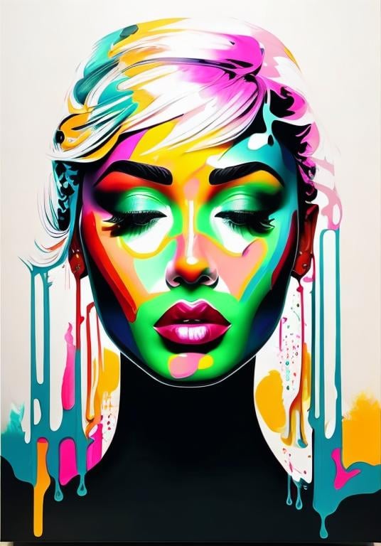 Prompt: pop art painting beautiful woman's face, high definition, facing camera and looking up, strong colors, dripping paint, 