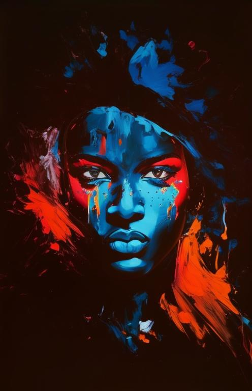 Prompt: pop art painting visible face, beautiful black  man, high definition, burning city, facing camera and looking up, strong colors, dripping paint, 