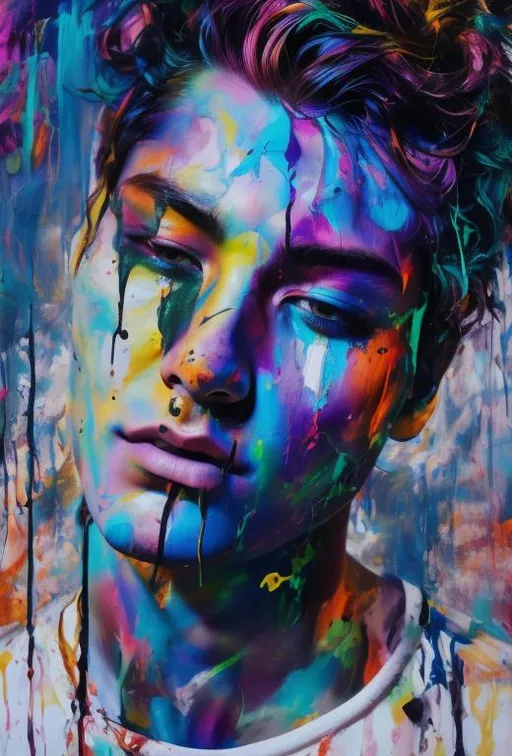 Prompt:  visible face, beautiful man, high definition, burning city, facing camera and looking up, strong colors, dripping paint, 