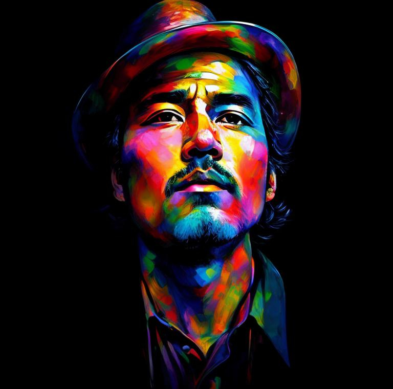 Prompt: Yoshitaka Amano, pop art color painting, cowboy with a hat in his 40's, visible face, beautiful, high definition, burning city, facing camera and looking up, strong colors, Liechtenstein style