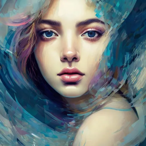 Prompt: A portrait painting captures the mesmerizing essence of a beautiful woman, portraying her with artistic finesse. The artwork presents an abstract illustration of a stunning girl, inviting contemplation and interpretation. This conceptual close-up encapsulates the captivating allure of the subject, leaving room for personal reflection and artistic appreciation. 8k photo resolution with blue eyes and colourful hair