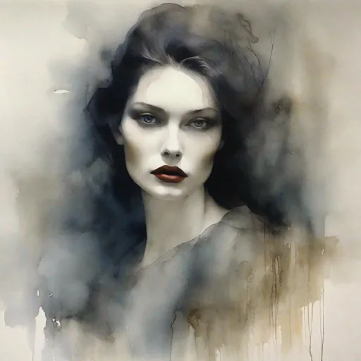 Prompt: The pretty mysterious woman with beautiful face, art by  Paolo Roversi, Cristobal Balenciaga, Monia Merlo, Nelleke Pieters, Elger Esser. Night Foggy Empty street background, rim lighting reflection, 3d, watercolors and ink, beautiful, fantastic view, extremely detailed, intricate, best quality, highest definition