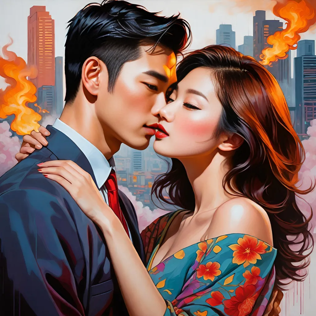 Prompt: pop art modern painting, asian couple, visible face, beautiful, high definition, burning city