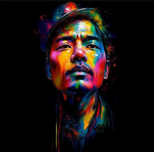 Prompt: Yoshitaka Amano, pop art color painting, man with a cowboy hat in his 40's, visible face, beautiful, high definition, burning city, facing camera and looking up, strong colors, Liechtenstein style, dripping paint