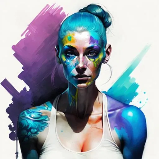 Prompt: Futuristic colorful concept art tattoos on beautifully perfect white woman aged in her early 30’s