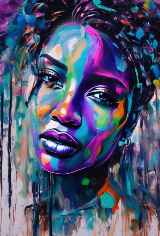 Prompt: black woman in her 30's, visible face, beautiful, high definition, burning city, facing camera and looking up, strong colors, dripping paint, 