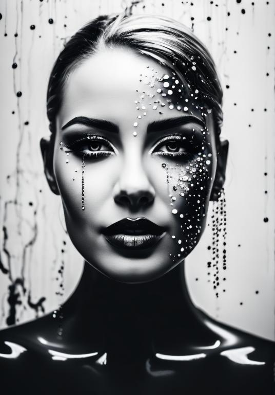Prompt: realistic photo of beautiful woman's face, high definition, science fiction, metalic screws on her face, facing camera and looking up, black and white, dripping paint, 