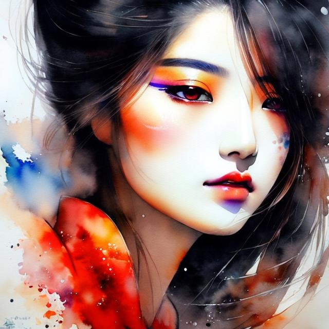 Prompt: Yoshitaka Amano, Watercolor painting, geisha, visible face, beautiful, high definition, burning city