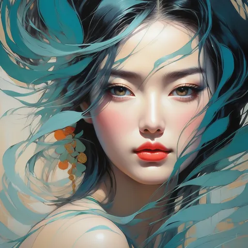 Prompt: pop art modern painting, asian woman, visible face, beautiful, high definition, beach