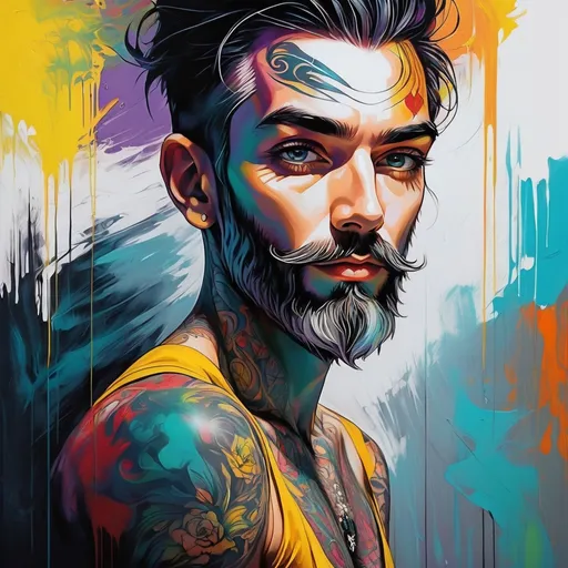 Prompt: pop art modern painting, white bearded man, in his 60's, with tattoos, visible face, beautiful, high definition, dark hair and dark colors