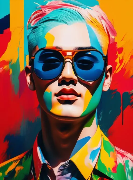 Prompt: pop art painting visible face, beautiful asian man, group of people, high definition, burning city, facing camera and looking up, strong colors, dripping paint, 