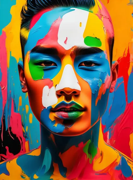Prompt: pop art painting visible face, beautiful asian men, group of people, high definition, burning city, facing camera and looking up, strong colors, dripping paint, 