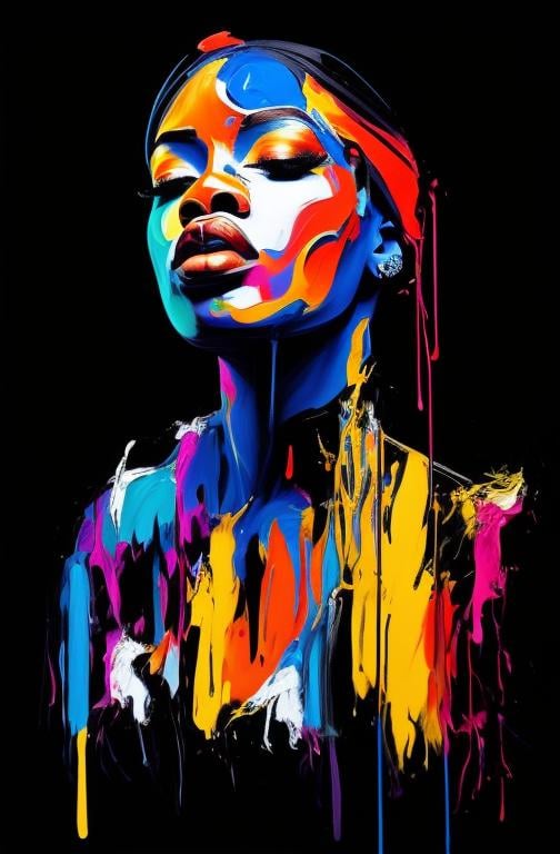 Prompt: pop art painting visible face, beautiful black  woman, high definition, burning city, facing camera and looking up, strong colors, dripping paint, 
