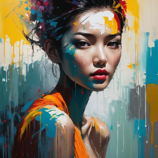 Prompt: pop art modern painting, asian woman, in her 40's, visible face, beautiful, high definition, leaking