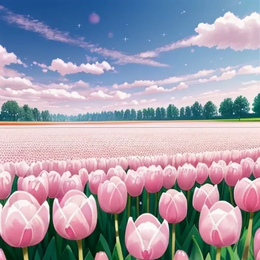 Prompt: A field of pink tulips with a sky of sparkling white clouds