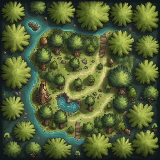 Prompt: A top-down map of a forest, 2d dnd battlemap, highly detailed harpy lair, treasure