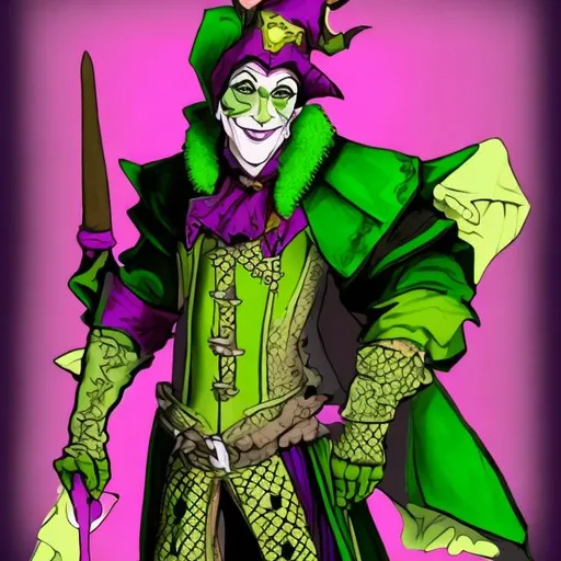 Prompt: a court jester with an outfit that's green on the left half and purple on the right half

