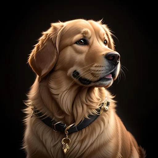 Prompt: photorealistic, golden retriver, kind, intellegent, smart, black collar, detailed eyes, facical pararylze, perfect composition, detailed face, realistic, super detailed, 8k, high quality, artstation, sharp focus, studio photo, intricate details, highly detailed, by greg rutkowski, (extremely detailed CG unity 8k wallpaper), trending on ArtStation, trending on CGSociety, Intricate, High Detail, sharp focus, dramatic, photorealistic painting art by midjourney and greg rutkowski, the most beautiful artwork in the world