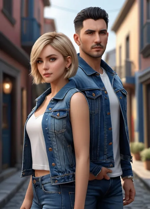 Prompt: photorealistic, a couple of an atrractive girl with short blonde bob hair wearing denim jacket and blue jeans and a handsome dark-haired man wearing denim suit standing back to back, coldness, detailed eyes, perfect composition, detailed face, beautiful face, realistic, super detailed, 8k, high quality, artstation, sharp focus, studio photo, intricate details, bright colorful colors, highly detailed, by greg rutkowski, (extremely detailed CG unity 16k), Intricate, High Detail, dramatic, the most beautiful artwork in the world