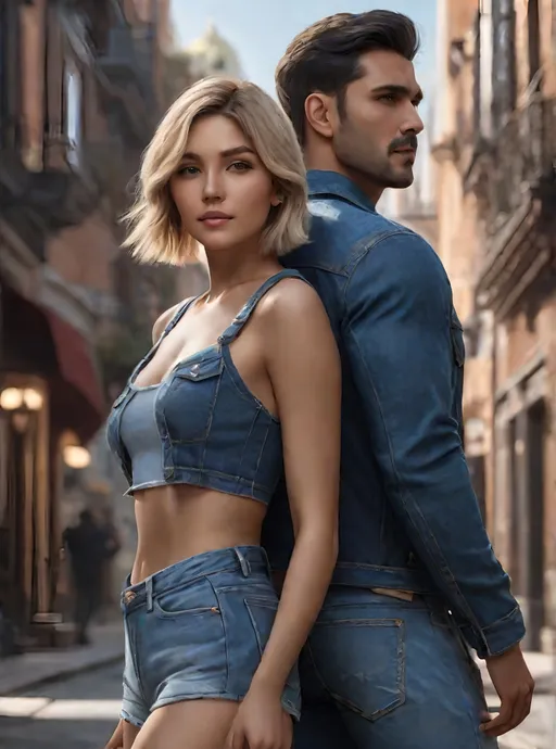 Prompt: photorealistic, a couple of an atrractive girl with short blonde bob hair wearing denim crop top and blue jeans and a handsome dark-haired man wearing denim suit standing back to back, coldness, detailed eyes, perfect composition, detailed face, beautiful face, realistic, super detailed, 8k, high quality, artstation, sharp focus, studio photo, intricate details, bright colorful colors, highly detailed, by greg rutkowski, (extremely detailed CG unity 8k), Intricate, High Detail, dramatic, the most beautiful artwork in the world