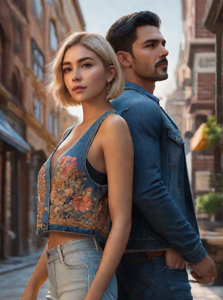 Prompt: photorealistic, a couple of an atrractive girl with short blonde bob hair wearing denim crop top and blue jeans and a handsome dark-haired man wearing denim suit standing back to back, coldness, detailed eyes, perfect composition, detailed face, beautiful face, realistic, super detailed, 8k, high quality, artstation, sharp focus, studio photo, intricate details, bright colorful colors, highly detailed, by greg rutkowski, (extremely detailed CG unity 8k), Intricate, High Detail, dramatic, the most beautiful artwork in the world