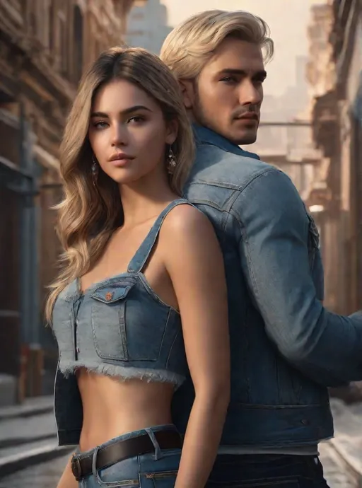 Prompt: photorealistic, a couple of an atrractive blonde-haired girl wearing denim crop top and jeans and a handsome dark-haired man wearing denim suit standing back to back, coldness, detailed eyes, perfect composition, detailed face, beautiful face, realistic, super detailed, 8k, high quality, artstation, sharp focus, studio photo, intricate details, bright colorful colors, highly detailed, by greg rutkowski, (extremely detailed CG unity 8k wallpaper), Intricate, High Detail, dramatic, the most beautiful artwork in the world