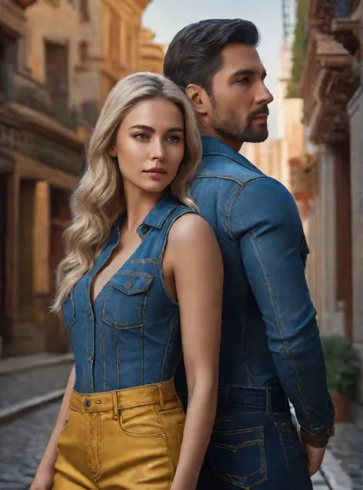 Prompt: photorealistic, a couple of an atrractive blonde-haired girl wearing denim suit and a handsome dark-haired man wearing denim suit standing back to back, love, detailed eyes, perfect composition, detailed face, beautiful face, realistic, super detailed, 8k, high quality, artstation, sharp focus, studio photo, intricate details, bright colorful colors, highly detailed, by greg rutkowski, (extremely detailed CG unity 8k wallpaper), Intricate, High Detail, dramatic, the most beautiful artwork in the world