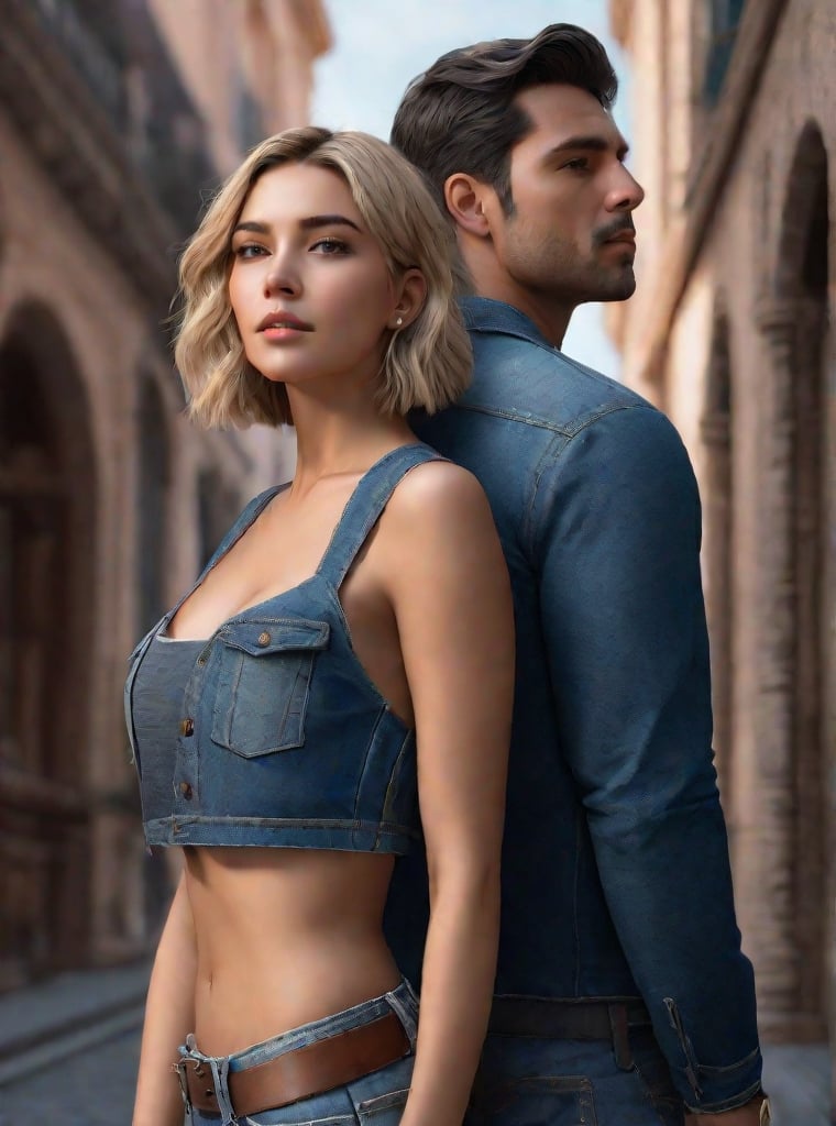 Prompt: photorealistic, a couple of an atrractive girl with short blonde bob hair wearing denim crop top and blue jeans and a handsome dark-haired man wearing denim suit standing back to back, coldness, detailed eyes, perfect composition, detailed face, beautiful face, realistic, super detailed, 8k, high quality, artstation, sharp focus, studio photo, intricate details, bright colorful colors, highly detailed, by greg rutkowski, (extremely detailed CG unity 8k), Intricate, High Detail, dramatic, the most beautiful artwork in the world