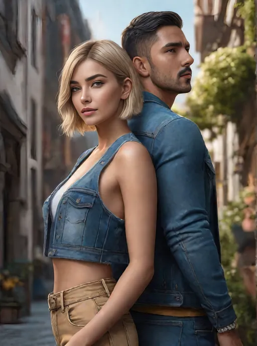 Prompt: photorealistic, a couple of an atrractive girl with short blonde bob hair wearing denim crop top and blue jeans and a handsome dark-haired man wearing denim suit standing back to back, coldness, detailed eyes, perfect composition, detailed face, beautiful face, realistic, super detailed, 8k, high quality, artstation, sharp focus, studio photo, intricate details, bright colorful colors, highly detailed, by greg rutkowski, (extremely detailed CG unity 8k), Intricate, High Detail, dramatic, the most beautiful artwork in the world