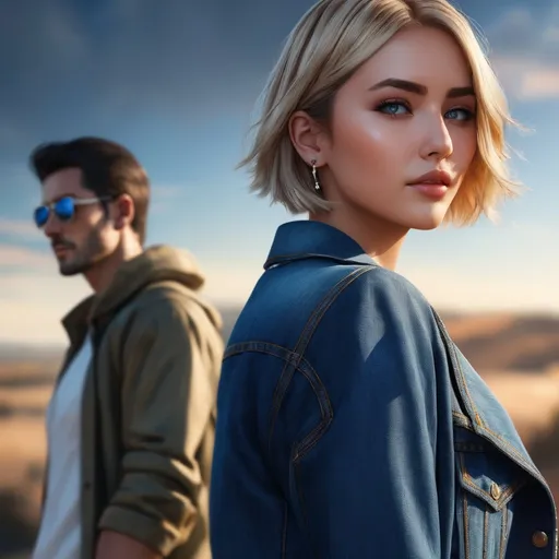 Prompt: photorealistic, a couple of an atrractive girl with short blonde bob hair wearing denim crop top and blue jeans and a handsome dark-haired man wearing denim suit standing back to back, coldness, detailed eyes, perfect composition, detailed face, beautiful face, realistic, super detailed, 8k, high quality, artstation, sharp focus, studio photo, intricate details, bright colorful colors, highly detailed, by greg rutkowski, (extremely detailed CG unity 16k), Intricate, High Detail, dramatic, the most beautiful artwork in the world