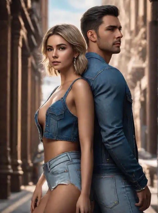 Prompt: photorealistic, a couple of an atrractive blonde-haired girl wearing denim crop top and blue jeans and a handsome dark-haired man wearing denim suit standing back to back, coldness, detailed eyes, perfect composition, detailed face, beautiful face, realistic, super detailed, 8k, high quality, artstation, sharp focus, studio photo, intricate details, bright colorful colors, highly detailed, by greg rutkowski, (extremely detailed CG unity 8k wallpaper), Intricate, High Detail, dramatic, the most beautiful artwork in the world