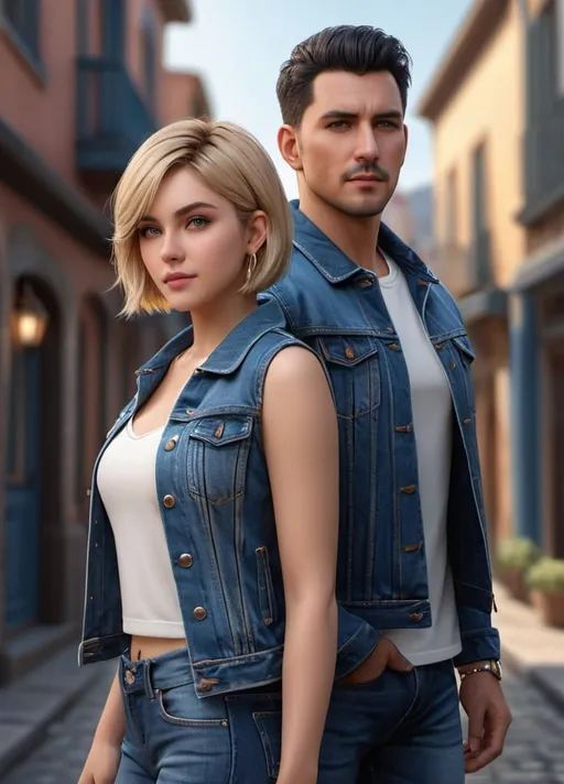 Prompt: photorealistic, a couple of an atrractive girl with short blonde bob hair wearing denim jacket and blue jeans and a handsome dark-haired man wearing denim suit standing back to back, coldness, detailed eyes, perfect composition, detailed face, beautiful face, realistic, super detailed, 8k, high quality, artstation, sharp focus, studio photo, intricate details, bright colorful colors, highly detailed, by greg rutkowski, (extremely detailed CG unity 16k), Intricate, High Detail, dramatic, the most beautiful artwork in the world