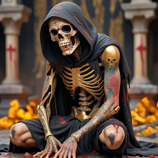 Prompt: Bloody grim reaper covered in scars of war with tattered gold and black robes kneeling,very detailed bone tattoos, interact workings, captivating colors, with color vibrations that arouse the mind