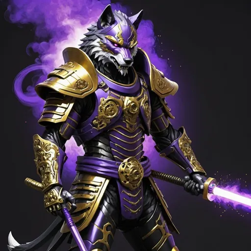 Prompt: Wolf man in black and gold shogun armor welding purple cyber scythe 