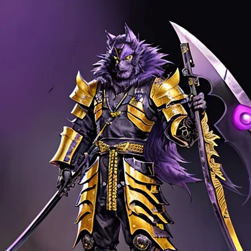 Prompt: Wolf man in black and gold shogun armor welding purple cyber scythe 