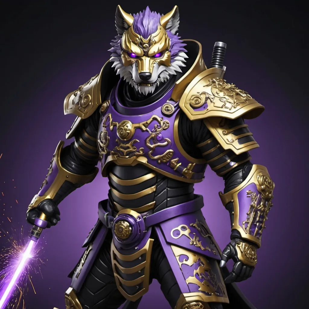 Prompt: Wolf man in black and gold shogun armor welding purple cyber scythe 