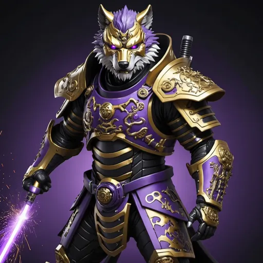 Prompt: Wolf man in black and gold shogun armor welding purple cyber scythe 