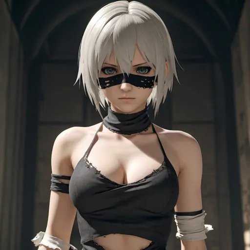 Prompt: Nier: Automata She wears a ripped, low-cut dress, her eyes are bandaged.


