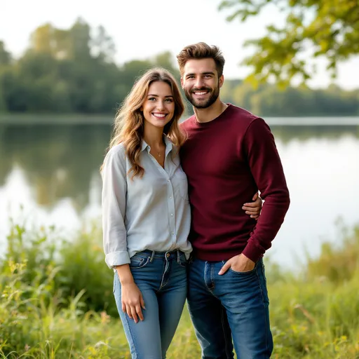 Prompt: Amidst a serene lakeside setting, a couple stands together on a lush patch of green grass, encapsulating a moment of joy and togetherness. The woman sports a light, buttoned shirt paired with casual blue jeans, while the man complements her attire with a snug maroon sweater and denim jeans. Both wear casual white sneakers, and they exude warmth and smiles under the soft, natural light of the day. In the background, the still waters of the lake reflect the greenery beyond, emphasizing the tranquility of the scene and enhancing the couple's relaxed vibe. The overall atmosphere is cheerful and inviting, suggesting a leisurely day spent in nature.