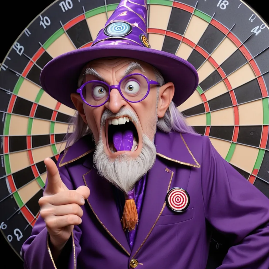 Prompt: A crazy purple wizard in front of an official PDC dartboard, showing darts