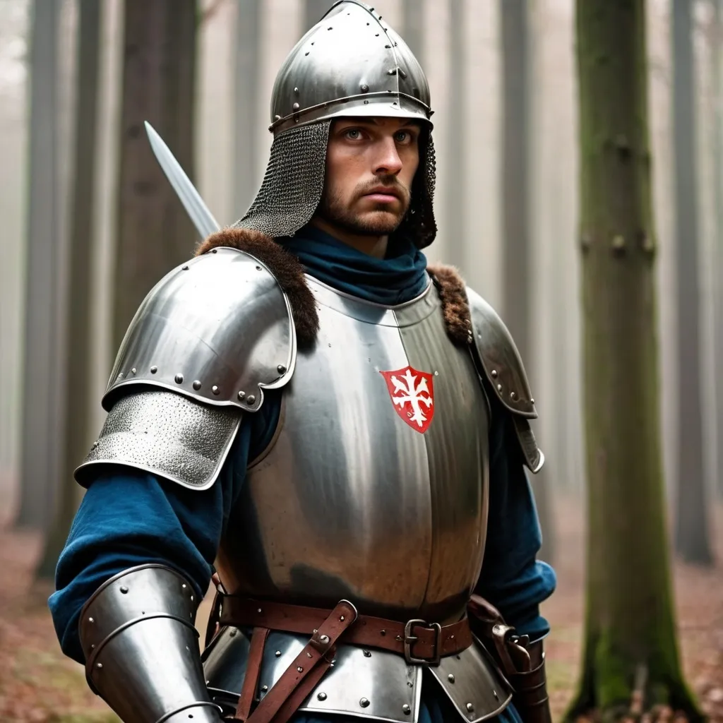 Prompt: Really powerful medieval soldier in the forest