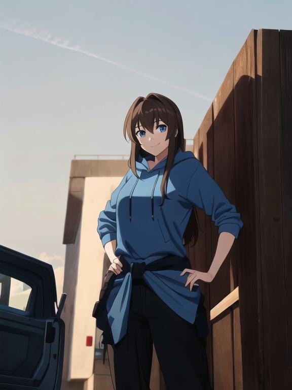 Prompt: A teenage girl smiling. She has shoulder-length brown hair and blue eyes. She wears a blue hoodie tied around her waist, and has black pants.