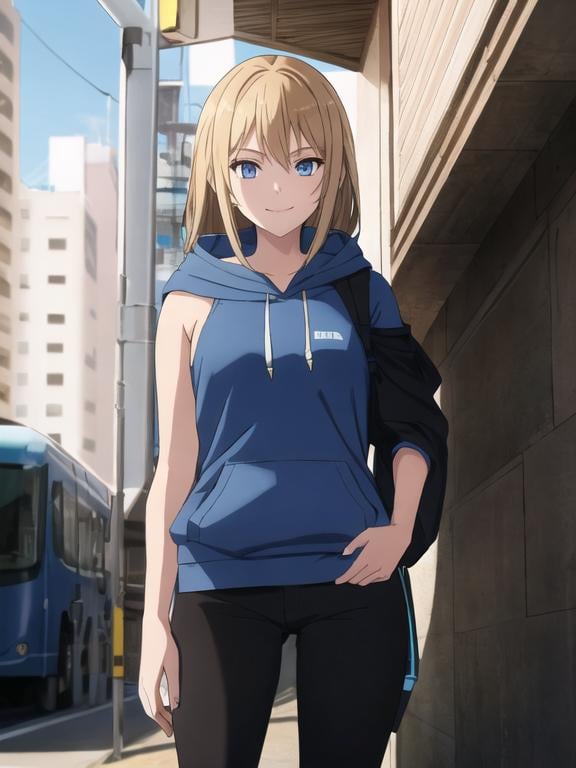 Prompt: A teenage girl smiling. She has shoulder-length brown hair with a slight blonde tint and blue eyes. She wears a blue hoodie with the hood down, and has black pants.