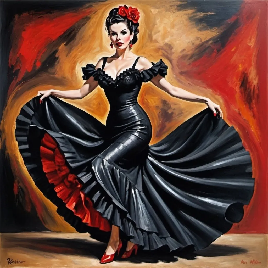 Prompt: Actress ann miller is a flamenco dancer wearing black flamenco dress, full body, stunningly gorgeous, a fine art painting, by renoir, no gradients, following special sheath plus reckoning plus helmbreaker on metallic black and metallic red, (style:abstract expressionism:1.6)
