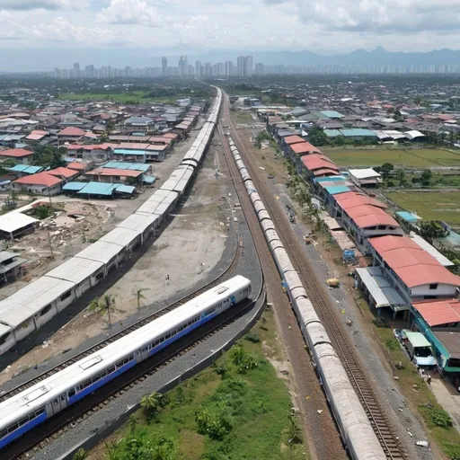 Prompt: Bird’s eye view of San Agustin station at Capas City Metro Tarlac with skyscrapers from the nearby Luisita global city at the backround along the north western main line circa August 2023