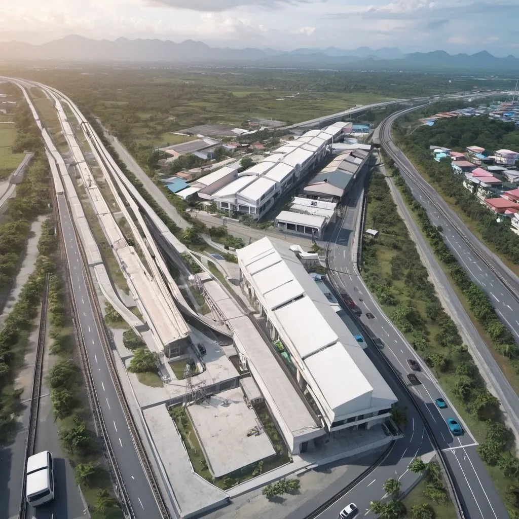 Prompt: Bird’s eye view of Shangri-La city station at Capas City Metro Tarlac along the north western main line circa August 2023