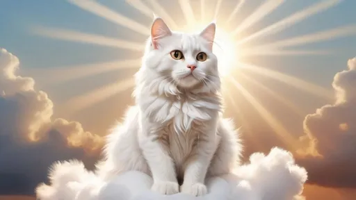 Prompt: Angelic cat looking upward, feather wings and halo, sitting on a fluffy white cloud, sun rays, realistic