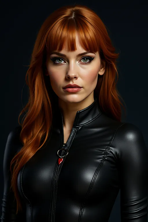 Prompt: Create an image of the woman in the photo aiming a pistol at the camera, standing full body in a black widow catsuit