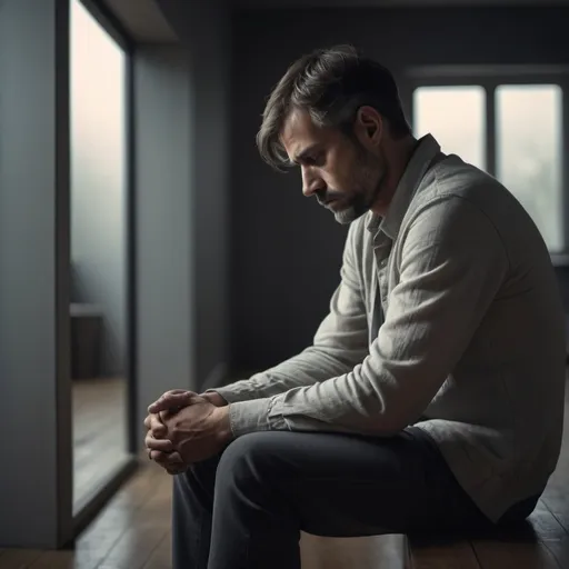 Prompt: (somber expression), Man sitting alone, melancholy atmosphere, muted colors, soft shadows, reflective pose, gentle lighting, depicting deep sadness, empty background creating isolation, emotional depth, capturing a sense of loneliness, high detail, 4K resolution, evocative visual storytelling.