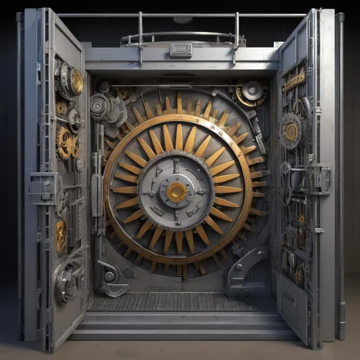 Prompt: A detailed cut away view of a large safe door 4 feet by 4 feet by 2 feet deep made of one inch thick steel plate show 1 inch thick steel locking bars retracted into the door behind the walking bars illustrated compact planetary gear. The Central sun gear should be connected to a level handle on the exterior of the door show the planet gears rotating around the sun gear meshing with a ring gear, the ring gear should be visibly connected to a locking plate that engages with the lacking bars include precise details and dimensions. The gears and locking mechanism figure should be made of high strength steel alloy, the overall design should emphasize.  Surety and smooth operation.